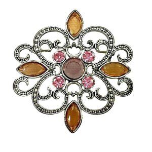 Brooch Pin Fashion Jewelry Rhinestones Amber Pink Silver Tone